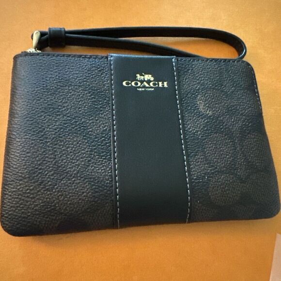 Coach Corner Zip Leather Wristlet Signature Canvas Gold Zipper Walnut Black - Picture 1 of 5